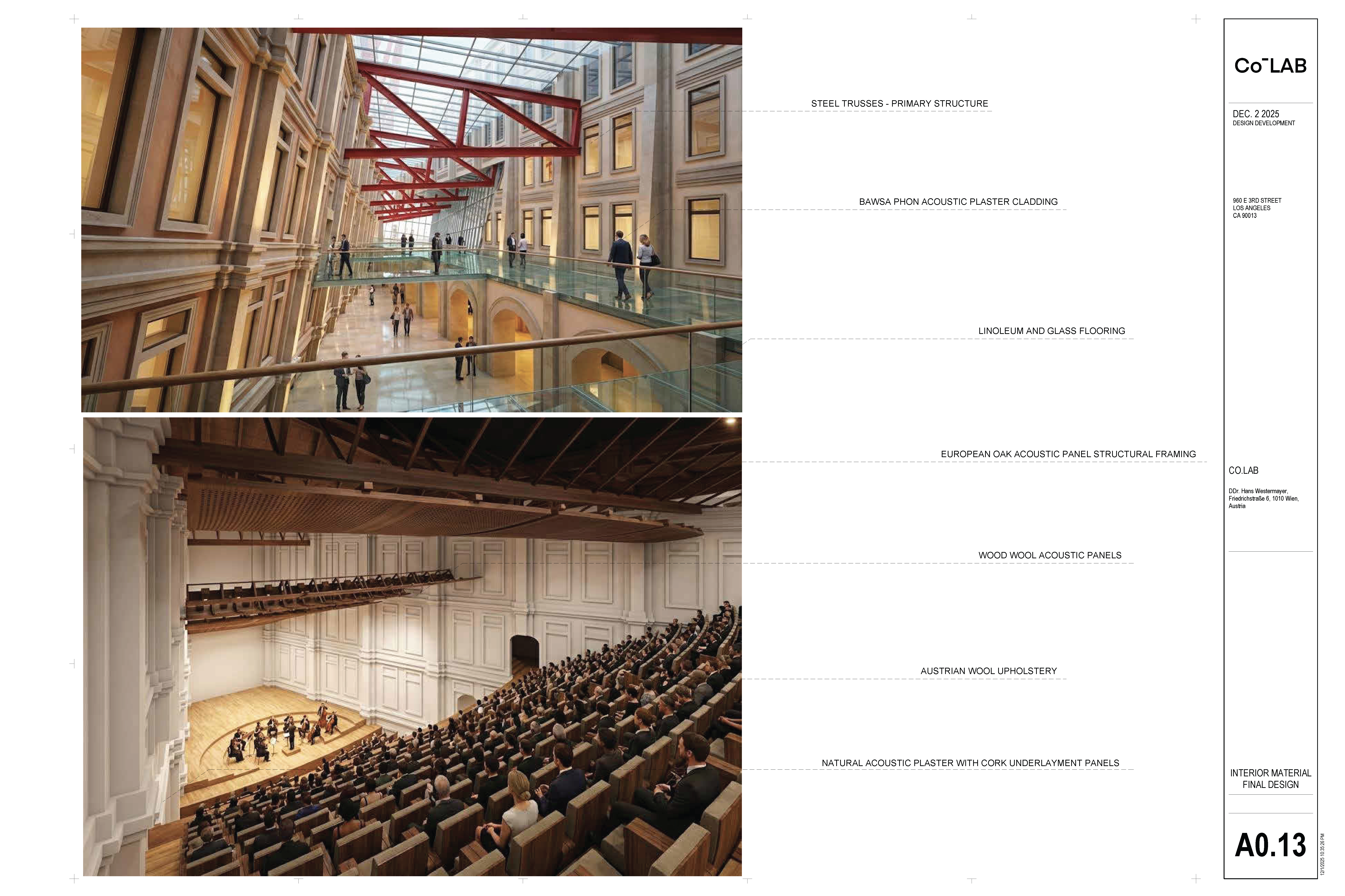 Interior material sheet lobby render and auditorium seating with material callouts